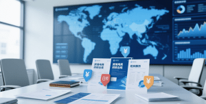 全球貿易合規防禦示意圖，展示現代企業會議室背景的世界地圖螢幕與中央的安全盾牌圖標，用於說明跨境電商面對亞太區法律監管的防禦佈局。